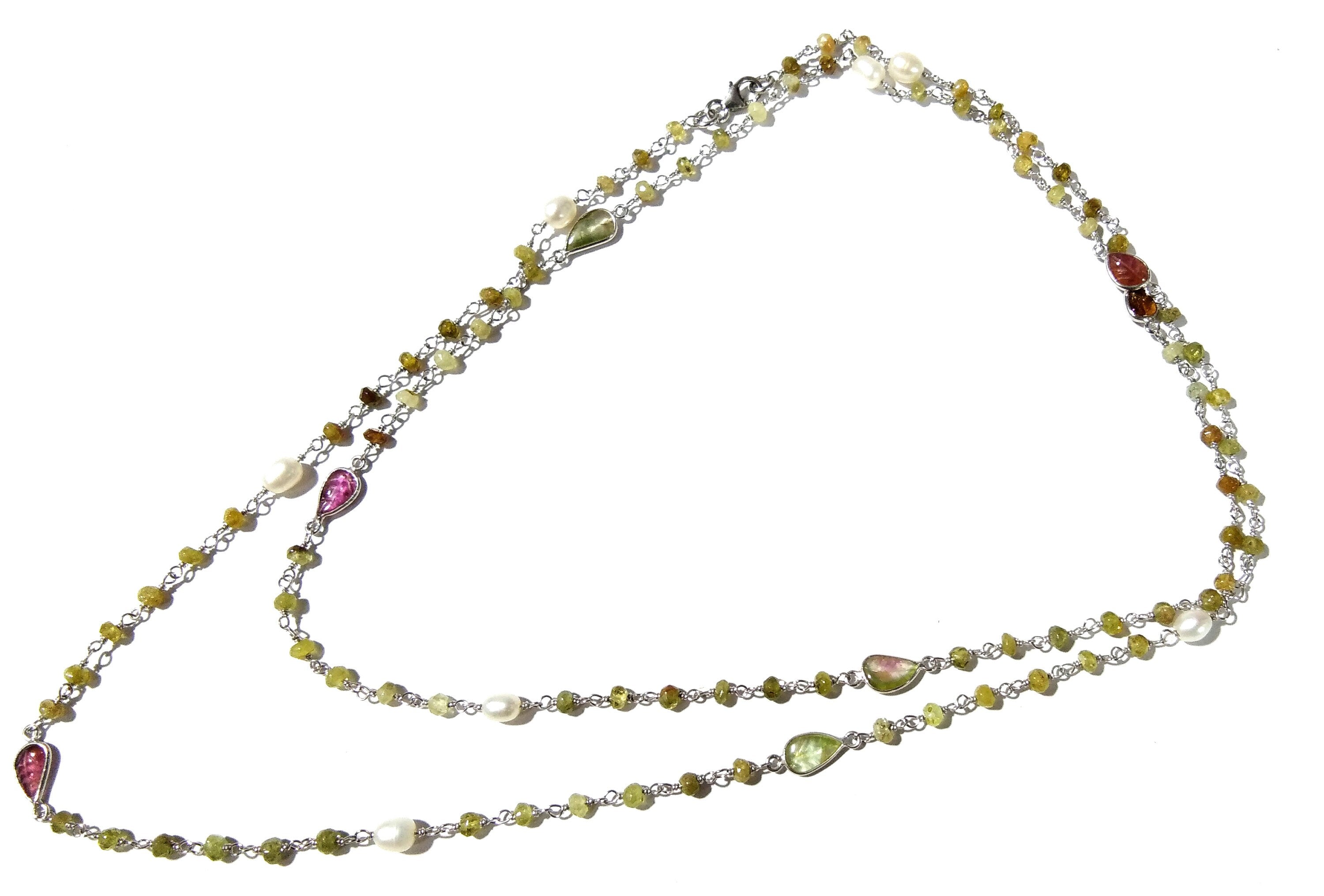 36'' Log Necklace ! Vessonite Necklace With Tourmaline & Pearl, 925 Sterling Silver Jewelry, Handmade Beaded Necklace, Gemstone Necklace.